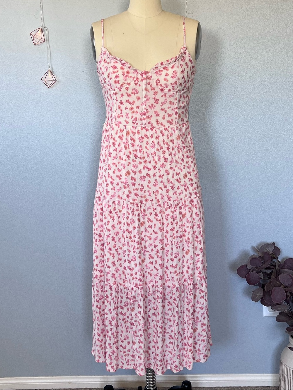 Pink Floral Maxi Slip Dress with Spaghetti Straps FLAWED